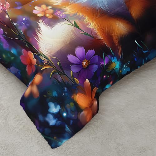 Image of AILONEN Kawaii Fox Comforter Set,Cartoon Fox Bedding Set Full Size for Kids Girls Boys,Cute Animal and Plants Flowers Duvet Set,3-Piece,1 Quilt + 2 Pillowcases,Soft Breathable