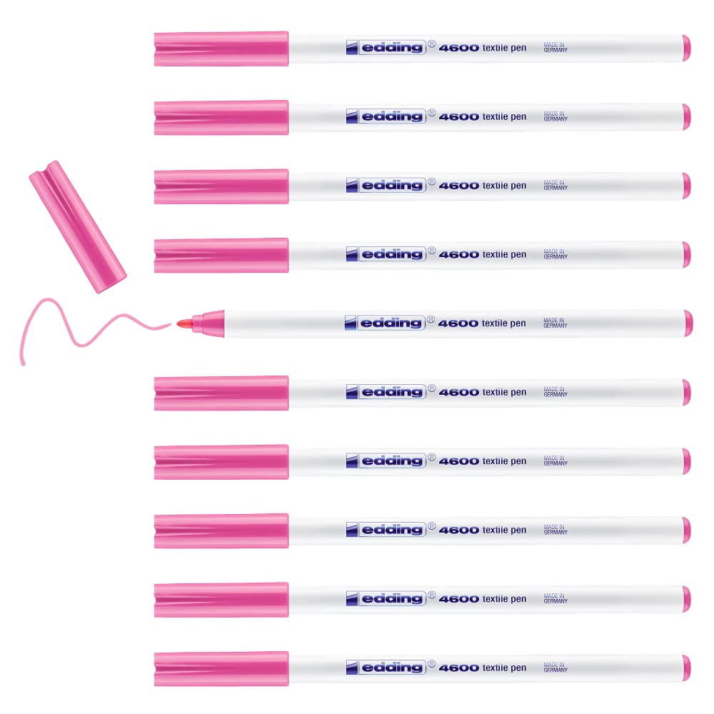 edding 4600 textile pen - pink - box of 10 - round nib 1 mm - permanent fabric pens for drawing on textiles, wash-resistant to 60 °C - fabric pen