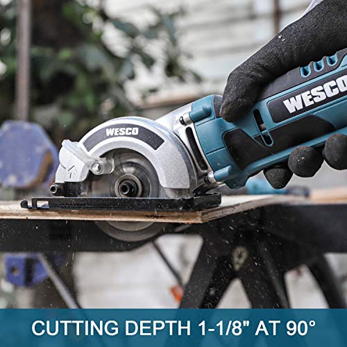 Cordless Circular Saw, WESCO 20V 3-3/8'' Mini Saw with 2.0Ah Lithium-Ion Battery and 1H Charger, MAX Cutting Depth 1-1/8