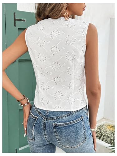 SHENHE Women's Button Up Blouse Eyelet Asymmetrical Blouse Top Dressy Sleevless Vest3