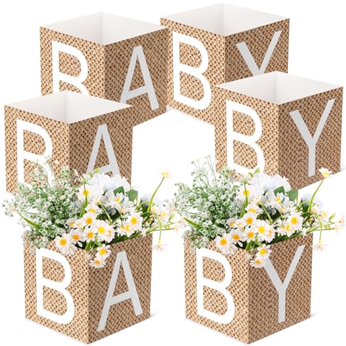 Noveread 6 Pcs Burlap Print Baby Shower Party Decorations Baby Flower Boxes Centerpiece Rustic Burlap Table Display with Letters for Gender Reveal Party Gender Neutral Shower Centerpiece Decor
