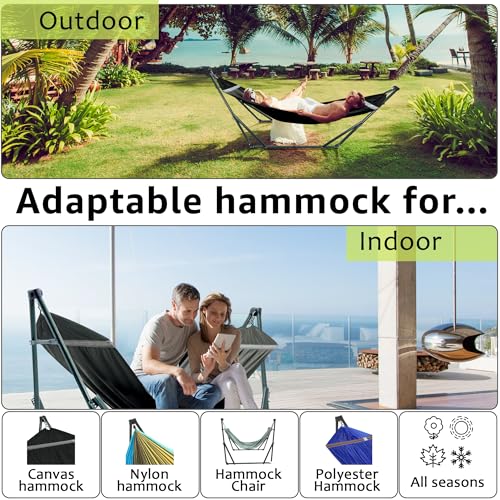 Image of Tranquillo Ultimate Relaxation Portable Hammock Stand with Cotton Canvas Net, Spreader Bar, Quick Fold Unfold in 30 Seconds Steel Frame Hammock 600 lbs Capacity Outdoor, Black