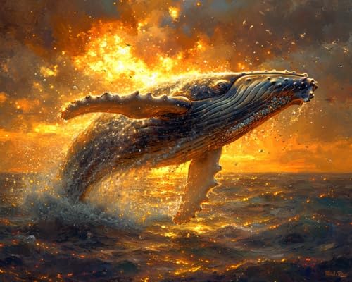 Stamped Cross Stitch Kits, Humpback Whale Leaping at Dusk, Needlepoint Counted Cross Kits for Beginners, Embroidery Kits Arts Home Decor(11CT No Frame,16x20 inch), Gorgeous