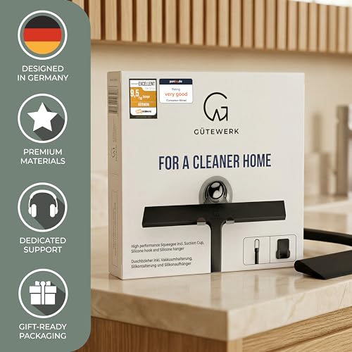 Image of GUTEWERK Shower Squeegee for Glass Doors, Silicone Window Squeegee, Bathroom and Glass Cleaning - Black - 15 Inch