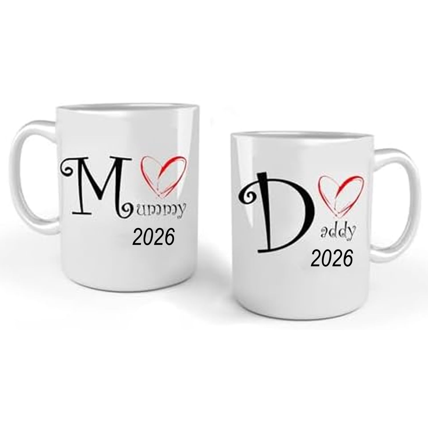 iTRONiK Love Heart Mummy and Daddy 2026 Mugs Set, Perfect for New Parents Mum and Dad, White, 11 Oz Mugs