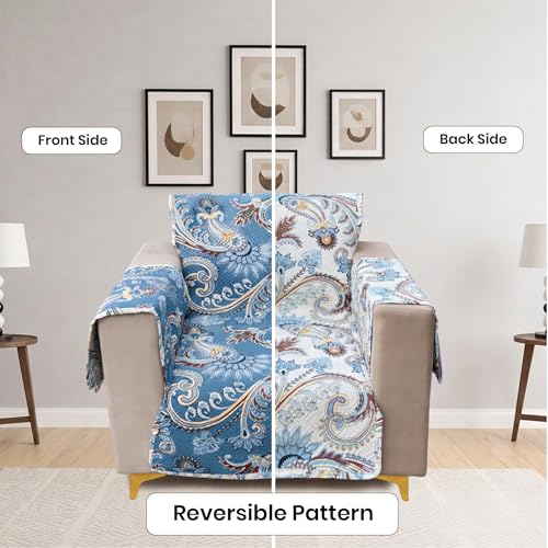 Image of Homerz Premium 1 Seater Quilted Reversible Sofa Cover Mat with Pocket Arms | Polyester Blend 350 GSM Full Coverage & Back Belt for Stability (Floraya, 1 Seater)
