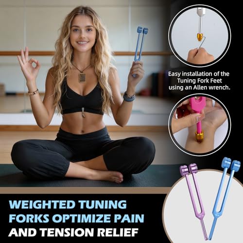 Image of Tuning Forks for Healing, 4 PCS Aluminum Alloy Tuning Fork 128Hz, 136.1Hz, 256Hz, 384Hz, Hockey Puck Activator & Feet, Chain, Weighted & Unweighted Tuning Fork Set with Vegan Leather Pouch
