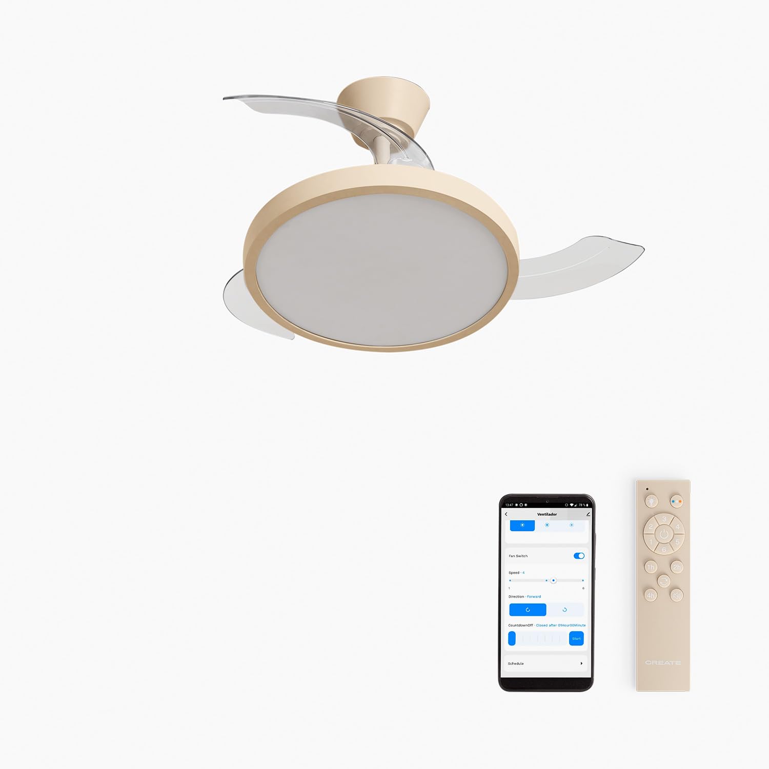 CREATE / WIND CLEAR STUDIO S/Ventilador de techo con luz arena con Wifi y mando / 40W, Temporizador, Ø 91 cm, 6 velocidades, aspas retráctiles, 3 temperaturas de luz, función verano-invierno