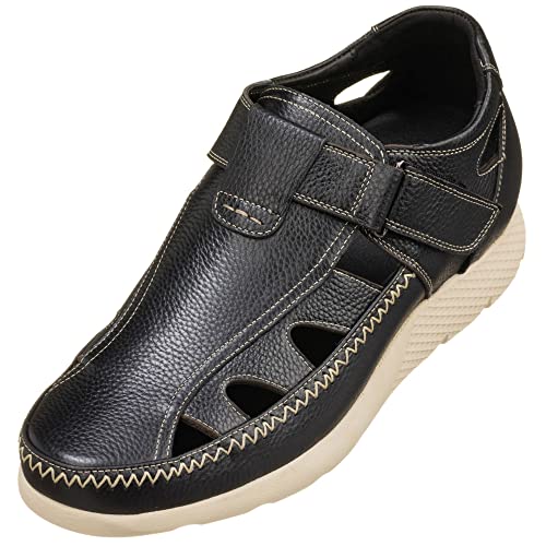 CALTO Men's Invisible Height Increasing Elevator Shoes - Black Premium Leather Lightweight Fisherman Sandals - 2.8 Inches Taller - K2132 - Size 9 D(M) US