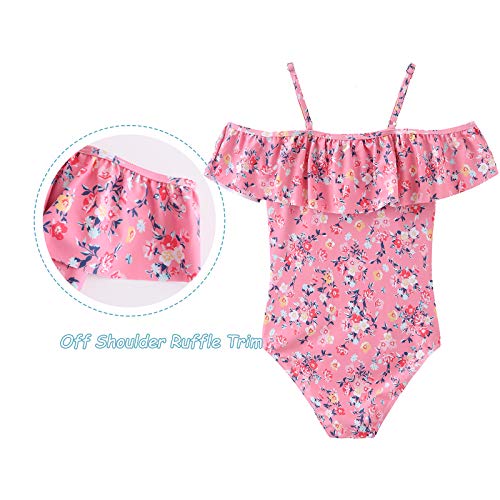 Image of Girls One Piece Swimsuits Off Shoulder Bathing Suit Kids Hawaiian Floral Swimwear 3-16 Years