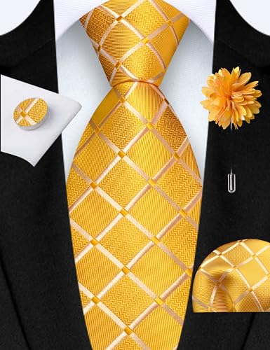 Image of GUSLESON 3.15 inch(8cm) Mens Tie and Lapel Pin Plaid Checkered Necktie Hankerchief Cufflinks Set for Men