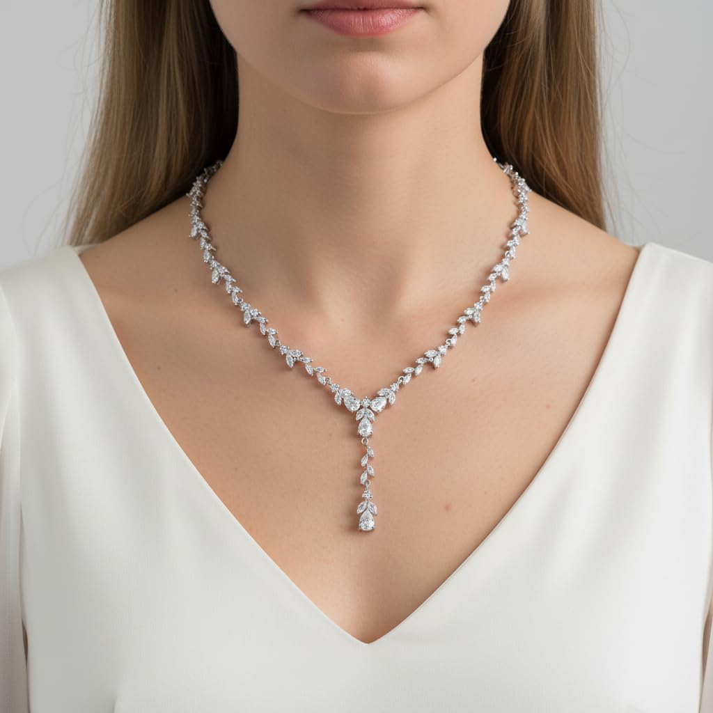 EVER FAITH Schmuck Set für Damen Party Braut, Elegante Blatt Marquise Zirkonia Y-Shape Halskette und Ohrringe Armband für Hochzeit Bankett Party