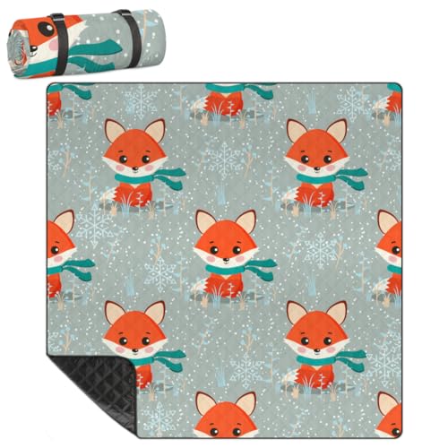 Shimoshe Extra Large Picnic Blankets 79”x 79”, Winter Snow Fox Waterproof Foldable Picnic Mat with Straps Portable Beach Blanket for Camping Park Grass Beach Indoor