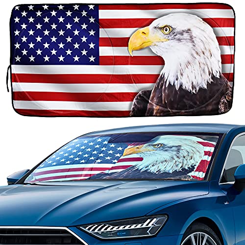 EcoNour Car Windshield Sun Shade with Storage Pouch | Durable 240T Polyester Material Printed American Flag Sun Visor for Car | Car Shade Front Windshield for Sun Heat | Medium (64 x 32 inches)