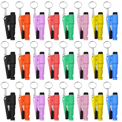Image of 24 Pcs Car Window Breaker Key Chains, 3 in 1 Glass Breaker Seat Belt Cutter Survival Whistle, Portable Safety Emergency Escape Tools, Multifunctional Car Accessories for All Vehicles