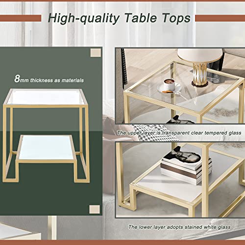 Merax Minimalist Design 2-Tier Sofa Side Table With Metal And Stained White Tempered Glass, Easy Assembly, Gold(Square) #TOP5