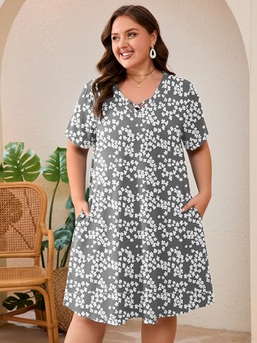 Image of AusLook Plus Size Midi Dress for Women Short Sleeve V Neck Criss Cross A Line Summer Casual Vacation Sundresses with Pockets