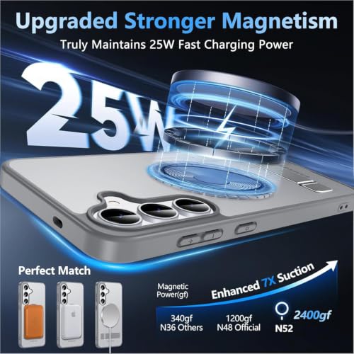 Image of Elzzi MagSafe Compatible Case for Samsung S25 FE Translucent Matte Bottom Kickstand Shockproof Slim Anti-Fingerprint Magnetic Hybrid Protective Cover (Grey)
