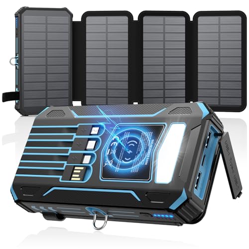 SOARAISE-Solar-Power-Bank-27000mAh-Cargador-Solar – Inalámbrico con 4 Cables y 4 Paneles Solares, USB Carga Rápida Cargador Portátil 5 Salidas 2 Entradas para Smartphones Tabletas (Azul)