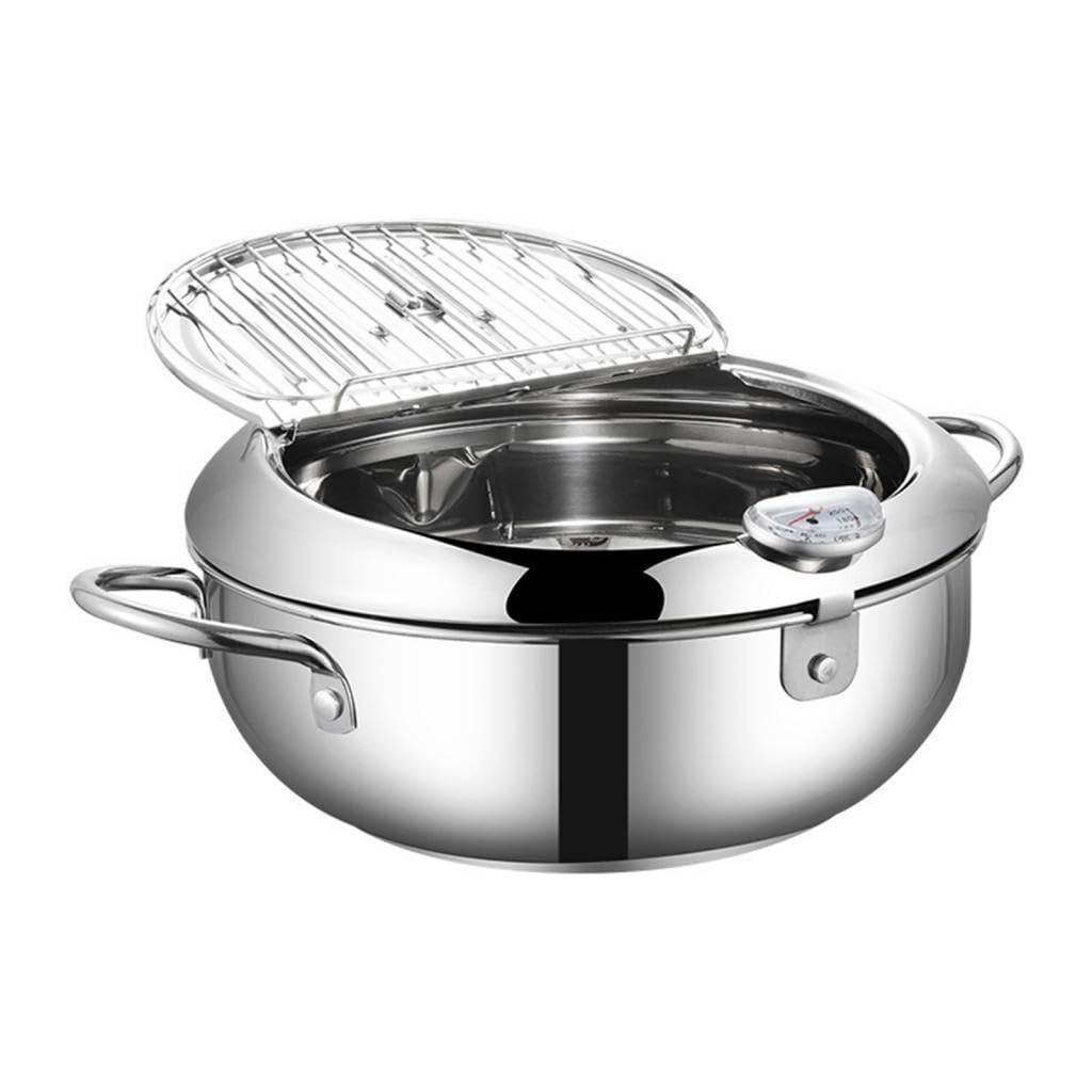 Olla Freidora Japonesa con Desmontable Filtro de Aceite Reutilizable Tapa Giratoria y Estructura Resistente Adecuada para Pollo Pescado, Plata 24cm y Clip, Individual