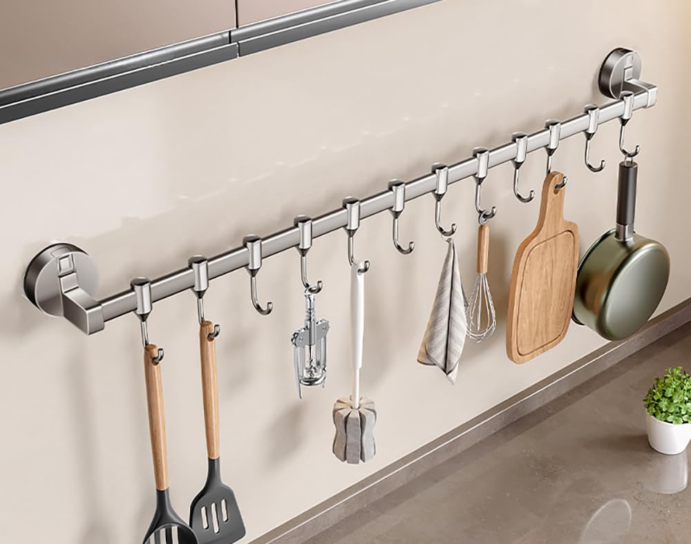 LNGFSH Wall Mounted Utensil Rack Suction Cup, Aluminum Hanging Kitchen Rail Removable Hooks, Hanger Organizer for Utensil (Gray,with 12 Hooks 70cm)