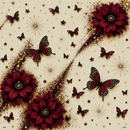 Image of RUMPS Premium 7D HD Digital Printed Butterfly Floral King Size Flat Bedsheet with 2 Pillow Covers | Luxury Maroon Flower Design with Golden Accents | Elegant Home Decor Bedding Set | Super Soft
