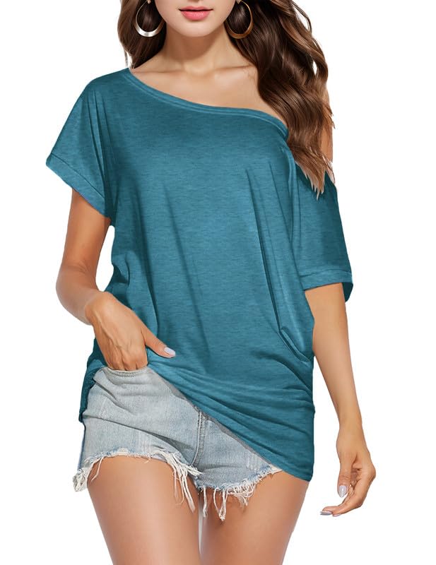 Short Sleeve Shirts for Women Off The Shoulder Oversized Tshirts Date Night Flowy Boat Neck Tops