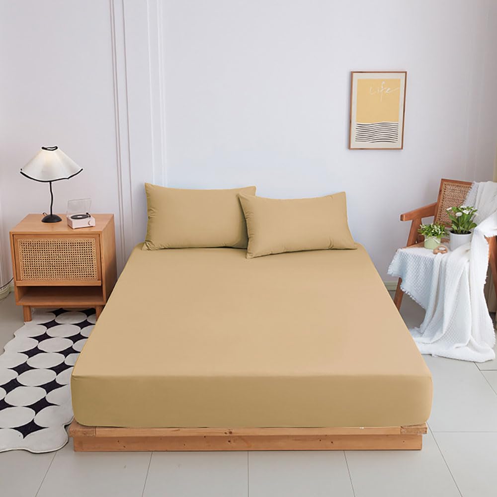 Highdi Fitted Sheets Deep Pocket 20cm, Sheet Bedding washable Sheets Linens Ultra Soft Easy Care Fade Resistant for Single Double King Size Bed (Camel,200x220+20cm)
