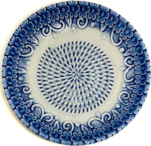Image of BonCera, All-in-one Premium Ceramic Garlic Grater Plate 4-Piece Set - Blue Embossed Design and Style - For Garlic, Ginger, Chocolate, and more! - Comes with 5.25 inch Plate, Peeler, Brush, and Stand