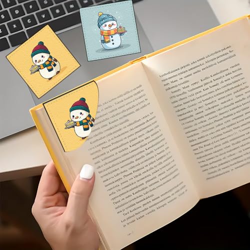 Image of 2Pcs Cute Snowman Cake Corner Bookmarks, Handmade PU Leather Page Corner Protectors, Kawaii Winter Stationery Gift for Kids, Students, Teachers, Fun Reading Accessories 3.54 x 3.54 Inch