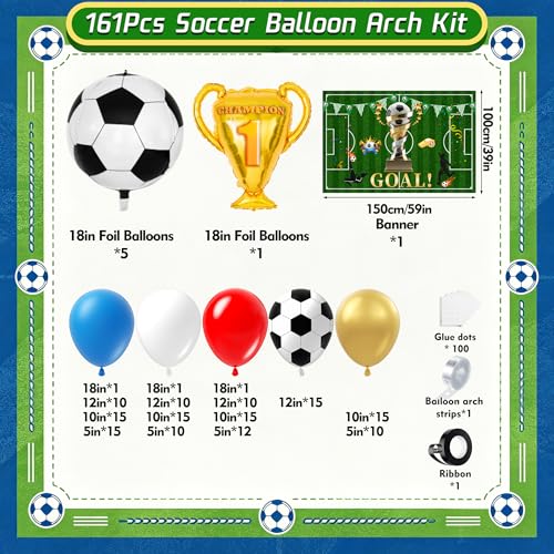 Image of Soccer Party Decorations 161Pcs, Soccer Balloon Garland Arch Kit with Backdrop Banner 18'' Football Foil Balloons, Blue Red Gold White Balloons for Boys Sports Fan Birthday Soccer Party Decor