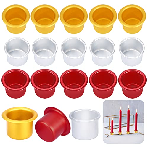 18 Pcs Aluminium Candle Cups Metal Tealight Cups Drip Catchers Mini Candle Stick Holder Candelabra Wax Candle Catchers for DIY Candle Making for Home Dinner Decoration, Gold, Silver, Rose Red