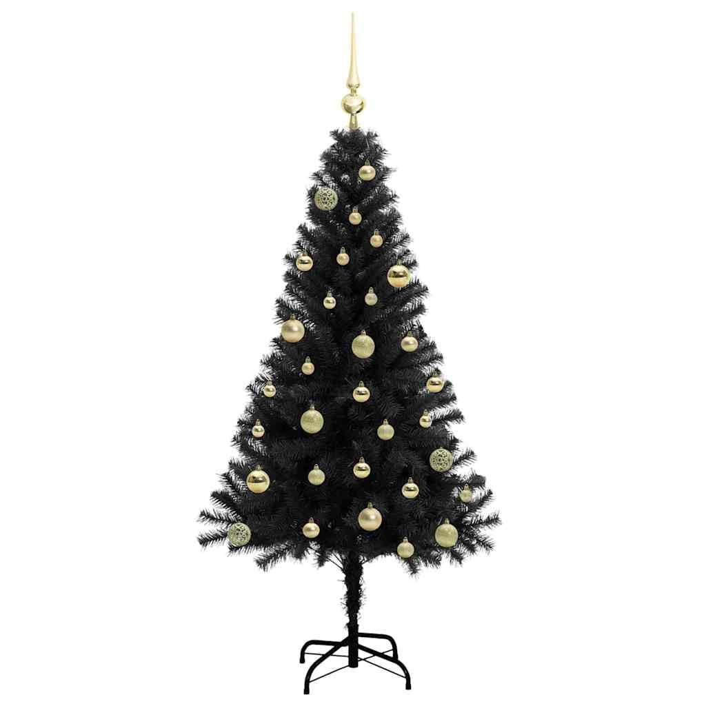 Choinka z 150 diodami LED o ciepłej białej barwie, wysokość 150 cm, czarna, PCW, smukła konstrukcja, do użytku wewnątrz i na zewnątrz, ze stojakiem i bombkami