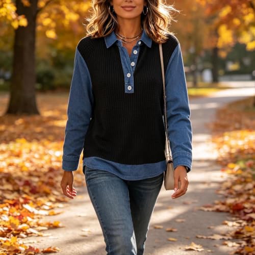 Waffle Tops for Women Denim Patchwork Collared Button Fashion Pullover Tops - image 2