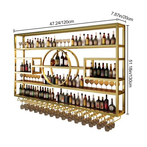 Image of 95in Wine Rack Wall Mounted, Large Capacity Hanging Wine Bottles Display Shelf with Glasses Holder, 4 Tier Industrial Bar Liquor Storage Shelves for Home Bar Kitchen,Living Room (Gold, 95in)
