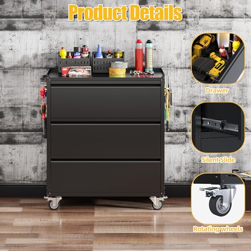 Image of 35.5 inch Rolling Tool Cabinet with 3 Drawers and Side Pegboards