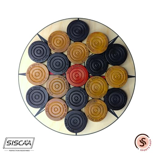 Image of Siscaa Sureslam Carrom Board Coins Set - 11 Black, 11 Yellow, 2 Red Coins - Includes Ultra 30 Grams Non-Toxic Powder - Ideal for Players and Tournaments