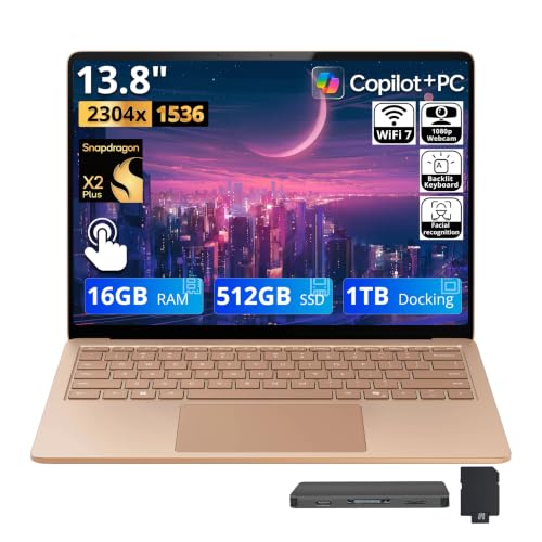 Image of Microsoft Surface 13.8 inch 2K Touch Laptop, Snapdragon X2 Plus, 16GB LPDDR5X, 1.5TB Storage(512GB SSD+1TB Docking Station Set), Qualcomm Adreno Graphics, Copilot+ PC, Backlit Keyboard, Win 11, Dune