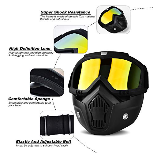 BOLLFO Motorcycle Goggle Mask,Protective Glasses with Detachable Mask for Cycling,Skiing,Paintball,Riding,Snowmobile,Halloween and Costume Ball Adjustable Windproof Outdoor Anti-Fog Face Mask