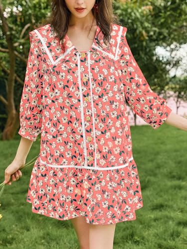 Image of Wenrine Womens Casual Shirt Dresses 3 /4 Long Sleeve Floral Button Down Flowy Babydoll Fall Mini Dress