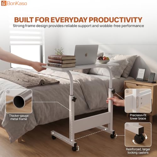 Image of BonKaso Height Adjustable Laptop Table with Wheels, Portable Rolling Computer Desk, Wooden Top, Lockable Casters, Mild Steel Frame, Multipurpose Bed Sofa Study Work Table for Home Office - White