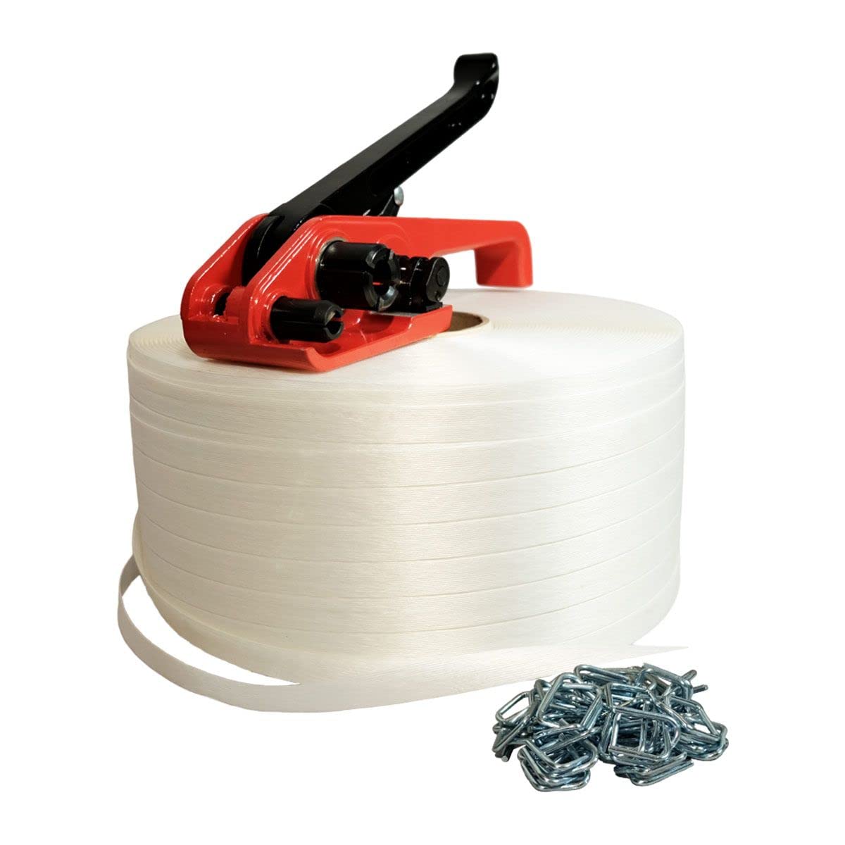 TECPLAST Kit 1 Feuillard de cerclage fil à fil KFF1 13 mm x 1100 m + 250 boucles OFFERTES + 1 tendeur - Résistance 375kg