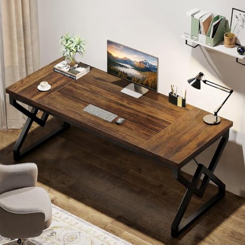 Image of Executive Computer Desk | Office Table for Home & Workstation, Wooden Study Desk | Laptop Table with Strong Metal Frame | Rustic Brown | 150x70x75cm