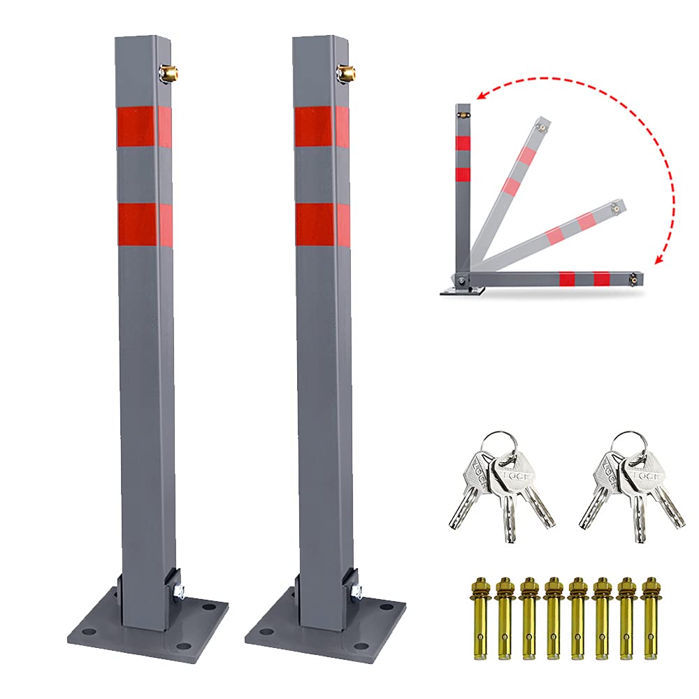 2x Parkpfosten mit 3 Schlüssel klappbar Absperrpfosten, Stahl Parkplatzsperre Parkplatzsperren mit Reflexstreifen, Robust Standfuß Sperrpfosten Set