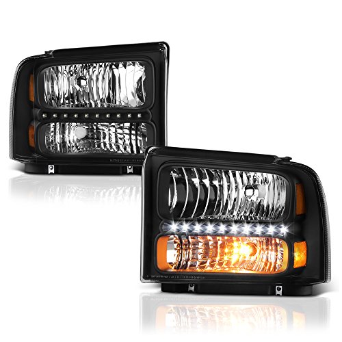 VIPMOTOZ Black Housing LED Strip DRL OE-Style Headlight Headlamp Assembly For 2005-2007 Ford F-250 F-350 Superduty Pickup Truck, Driver & Passenger Side