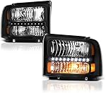 VIPMOTOZ Black Housing LED Strip DRL OE-Style Headlight Headlamp Assembly For 2005-2007 Ford F-250 F-350 Superduty Pickup Truck, Driver & Passenger Side
