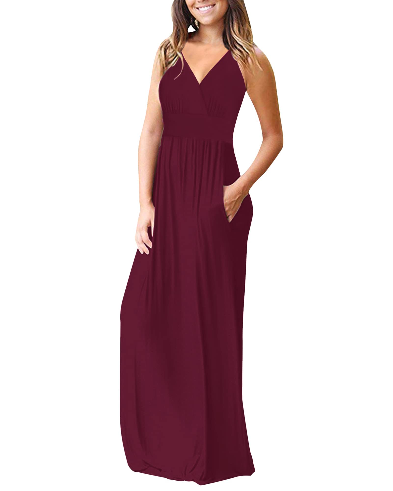 AUSELILY Grande Taille Maxi Noire Robe pour Femme Robe de soirée V Col sans Manches/Manches Courtes/Manches Longues décontractées Robes Longues avec Poches
