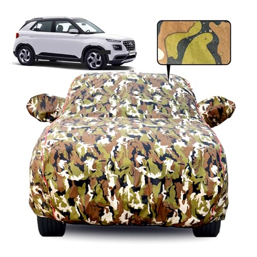 Image of Waterproof Car Body Cover for Hyundai Venue with Mirror Pocket, Soft Cotton Lining, Triple Stitched, Full Bottom Elastic (Heat Resistant Jungle Print with Red Piping)