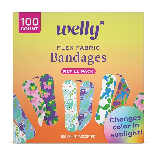 Welly Bandage Color Changing Refill Pack | Adhesive Flexible Fabric Bandages | Assorted Shapes and Patterns for Minor Cuts, Scrapes, and Wounds - 100 Count