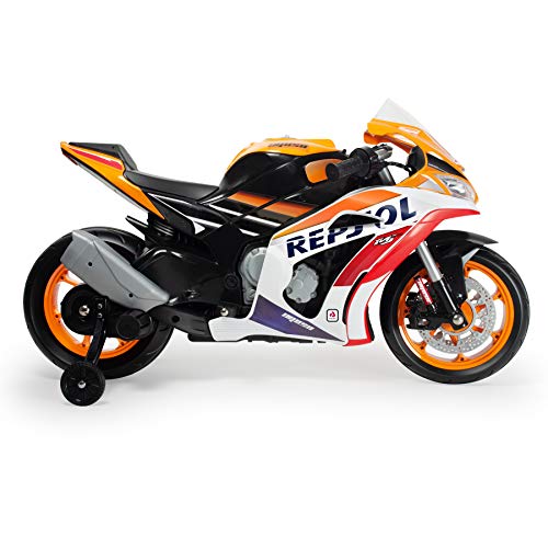 INJUSA - Moto Eléctrica Repsol a Batería de 12V Licenciada con Puño Acelerador Luces LED Entrada USB Mp3 y Radio Bandas de Goma en Las Ruedas y Ruedas de Apoyo Recomendada para Niños +3 Años
